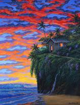 Hawaiian Beach cabin sunset painting picture