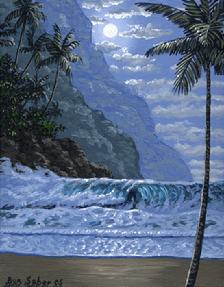 Hawaiian beach in the moon light painting
