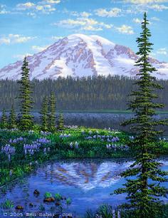 Mt rainier reflction lake medow flowers sunset