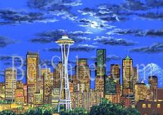 downtown seattle painting space needle mt rainier picture