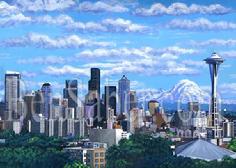 downtown seattle queen ann hill mount rainier space needle skyline painting picture