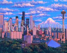 seattle space needle mt rainier painting picture queen ann hill view