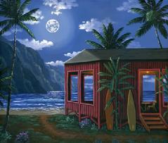 Hawaiian beach cabin house night moon painting picture