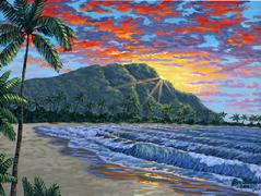 Painting Diamond Head Waikiki beach sunrise, Oahu, Hawaii picture