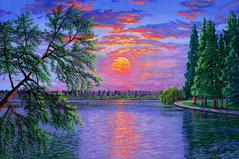 Painting 710: Greenlake sunset, Seattle. Original acrylic painting on canvas 24 x 36 inches. This painting is available. On sale