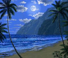 Hawaiian beach Moon mountain painting picture image