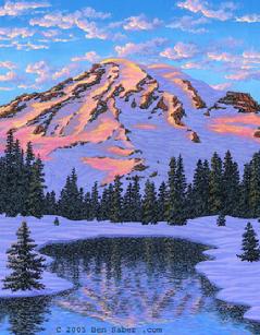 Painting Mount Rainier Snow sunset, Washington