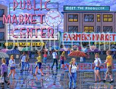 Pike place market painting rain umbrellas people sign clock