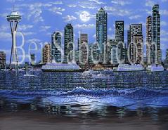 downtown seattle from alki beach night painting picture