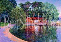 greenlake painting green lake picture art seattle boat house canoe path