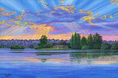 Painting 714: Greenlake sunset, Bathhouse Theatre, Seattle. Original acrylic painting on canvas 18 x 24 inches. This painting is available.