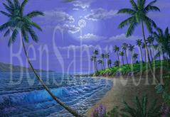painting Tropical Beach Moonlight hawaii palm tree sandy picture