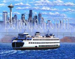 Seattle ferry skyline downtown painting picture