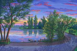 Painting 712: Greenlake sunset, Seattle. Original acrylic painting on canvas 24 x 36 inches. This painting is available. On sale