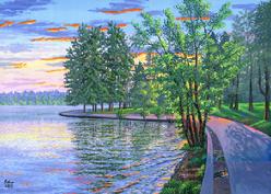 Painting 719: Sunset Glow, Greenlake Park, Seattle. Original acrylic painting on canvas 24 x 36 inches (available)