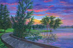 Painting 709: Greenlake sunset, Seattle. Original acrylic painting on canvas 24 x 36 inches. This painting is available. On sale