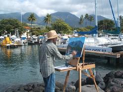 Artist Ben Saber painting  Lahaina harbor Maui Hawaii