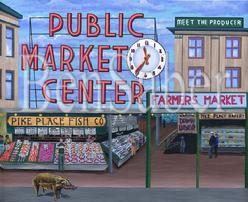 pike place market pig painting sign entrance clock