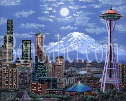 downtown seattle painting space needle mt rainier night moon picture