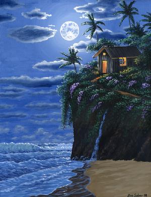 Hawaiian Cabin in The Moonlight Painting