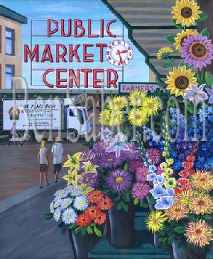 pike place market flowers sign seattle painting picture