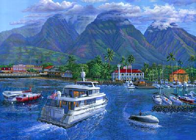 Lahaina town harbor painting Maui Hawaii