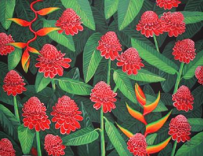 Red Torch Ginger Tropical Flowers painting print canvas art picture