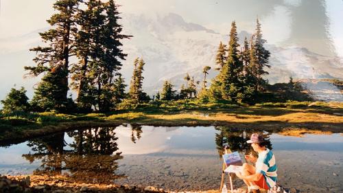 Artist Ben Saber painting Mt Rainier National Park Washington State USA lake