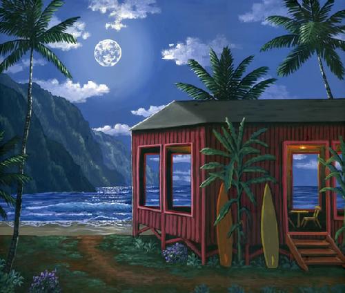 Hawaiian beach cabin in the moonlight painting picture print canvas