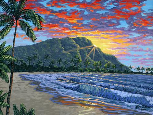 Painting Diamond Head Waikiki Beach Sunrise, Oahu, Hawaii sunset picture