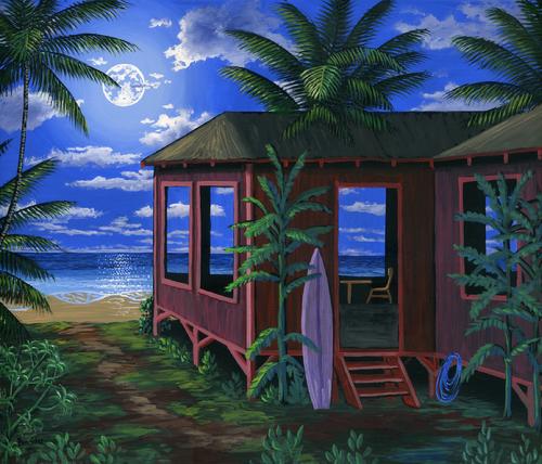 Hawaiian beach cabin moonlight painting picture