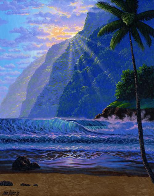 Hawaiian Beach Sunset painting picture mountain ocean sand palm tree