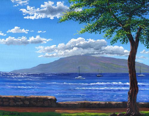 ainting Lahaina Harbor and the Island of Lanai in the Morning. Original acrylic painting on canvas board inches.