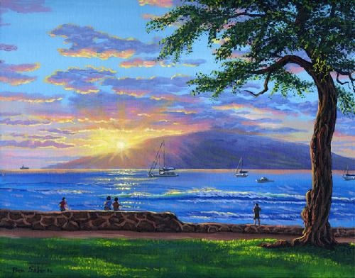 Painting Lahaina Harbor and The Island of Lanai at Sunset. Original acrylic painting on canvas board inches. This original painting Prints on canvas are available