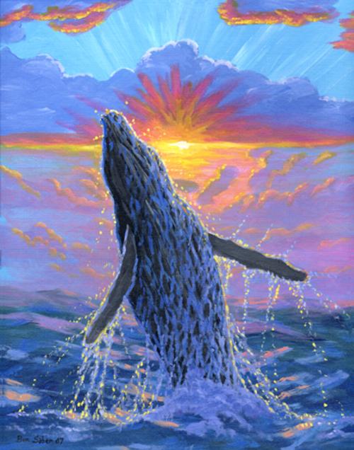 Humpback whale painting breach breaching sunset hawaii