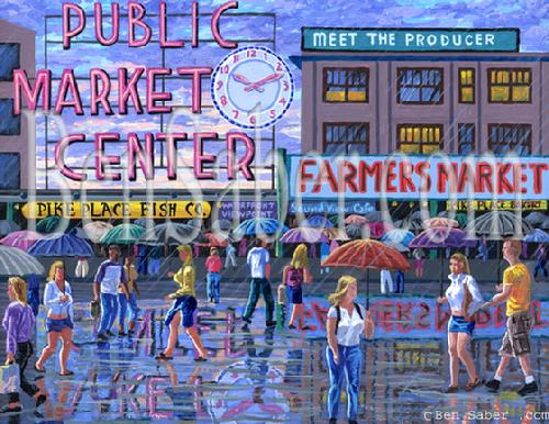 pike place market umbrellas seattle painting rain picture