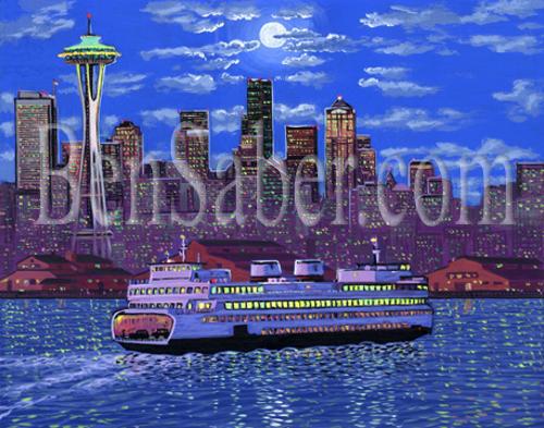 Downtown Seattle Ferry night light waterfront painting picture space needle moon