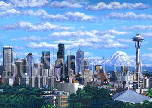 Downtown Seattle Painting Picture Space Needle Mt Rainier