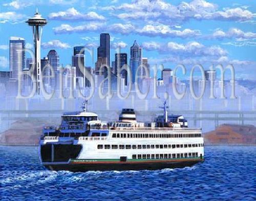 Downtown seattle ferry painting space needle skyline picture