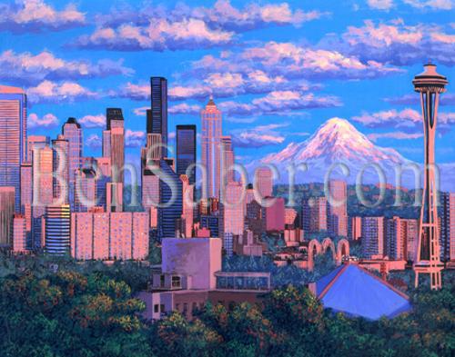 Downtown seattle at sunset painting picture queen ann view