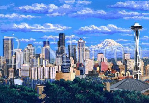 downtown seattle view queen ann park space needle painting picture mt rainier