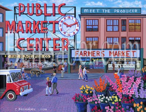 pike place market painting seattle sign clock picture