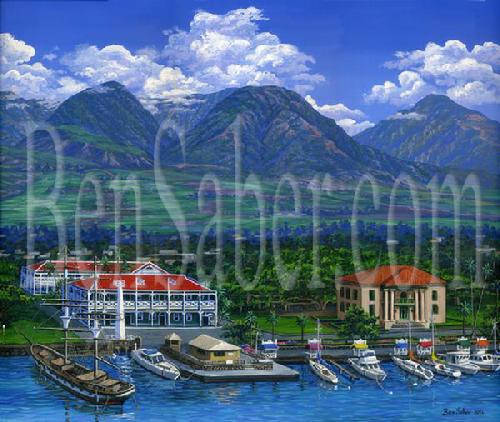 Painting lahaina harbor aerial Pioneer Inn Old Courthouse Carthagenian Maui Mountains boats Picture Painting