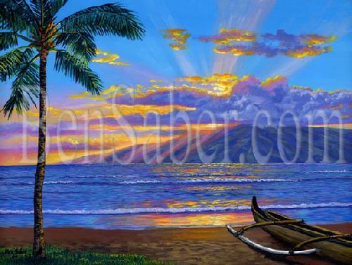 Lanai Island from Lahaina beach at sunset. Original acrylic painting