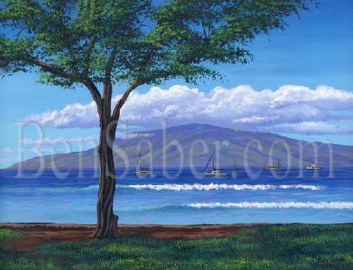 Lanai Island From Lahaina Harbor Park. Original acrylic painting picture