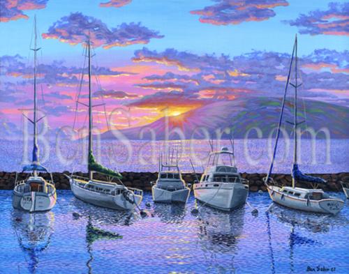 Lahaina Harbor Sunset, Maui Hawaii. Original acrylic painting