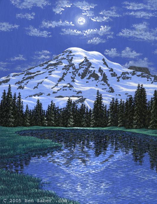 Painting Mount Rainier at Night, Washington picture lake moon tree snow glacier