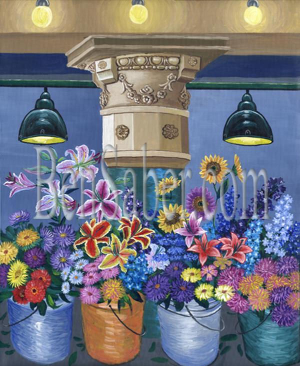 pike place market interior pillar flowers seattle painting