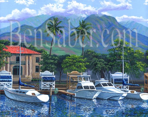 Lahaina old courthouse maui painting harbor west mountains boats print canvas art