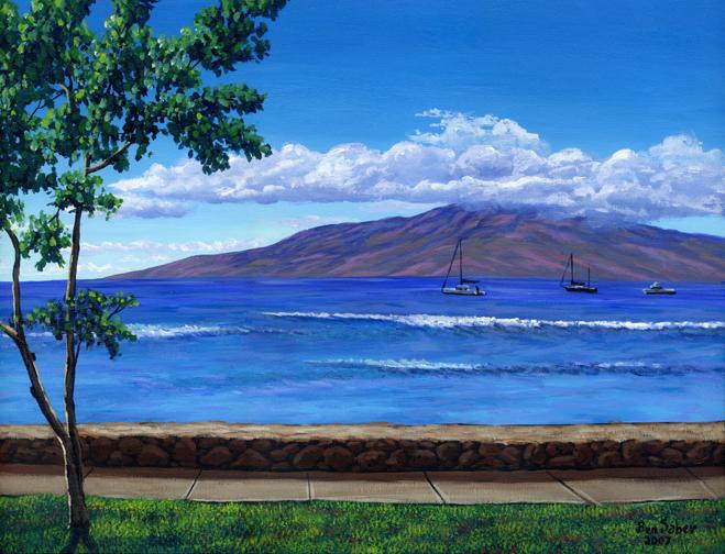 Painting #509 Lanai Island From Lahaina Harbor. Original acrylic painting on canvas 18x24 inches stretched.